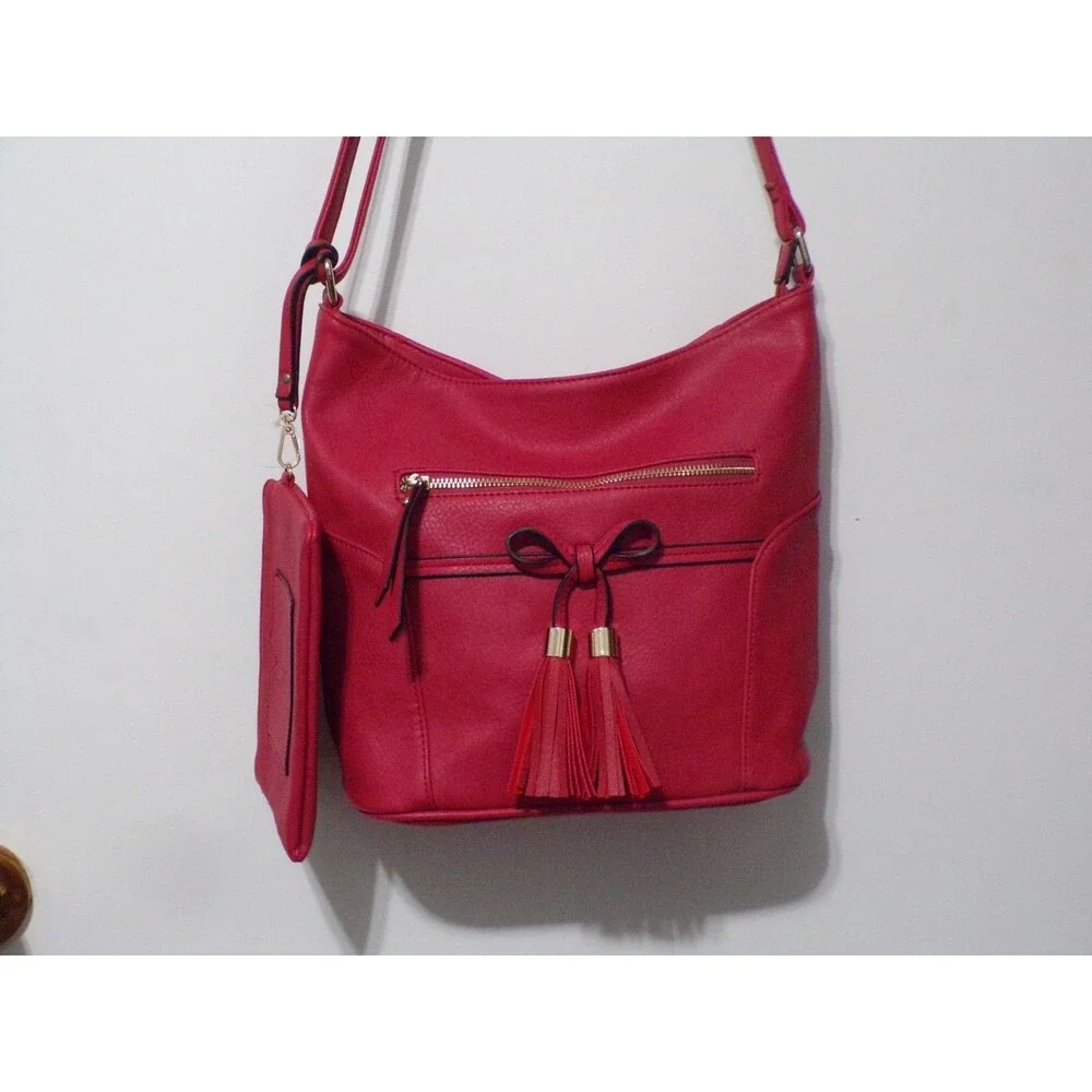 Red With Fringe Shoulder‎ Bag with Gold Accents and Detachable Change Purse Zip